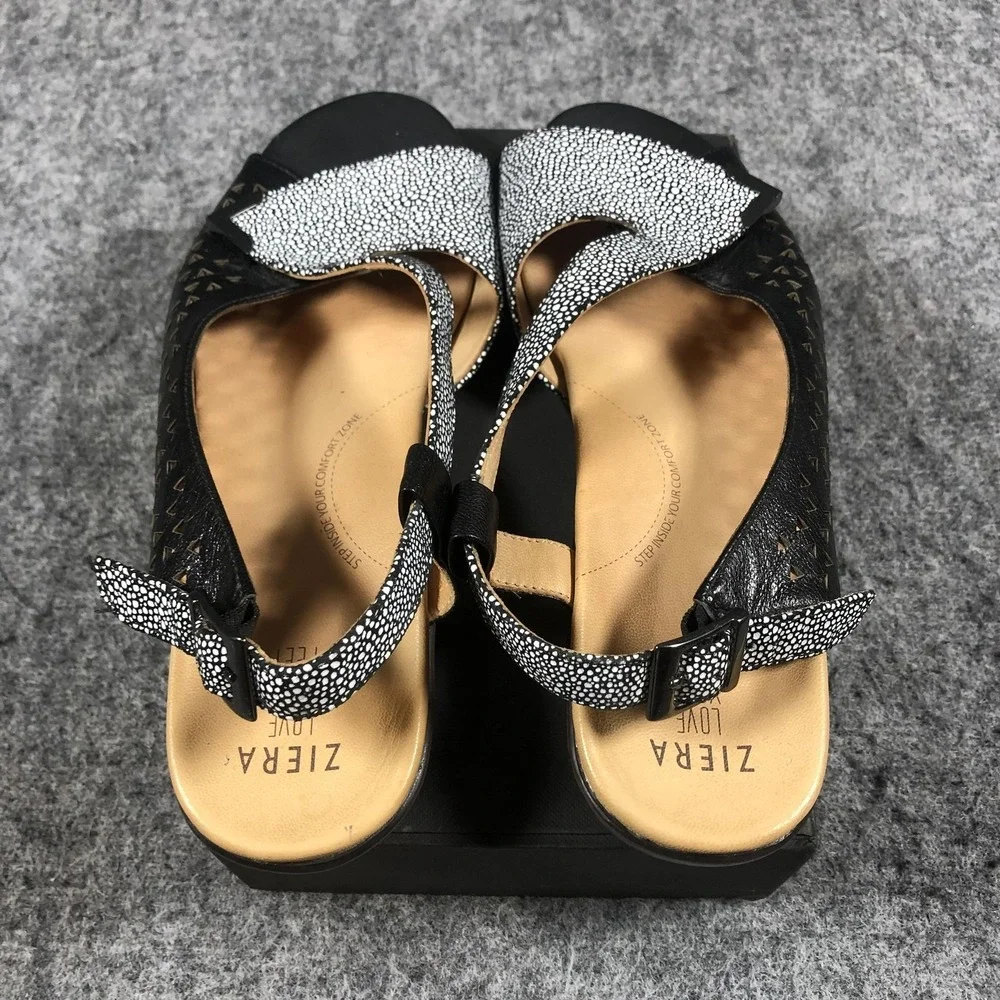 Ziera Womens 10.5 Black Leather Slingback Wedge Sandals Comfort